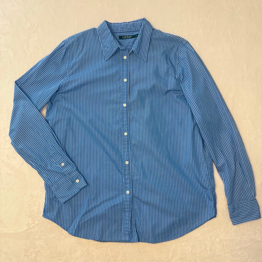 Lauren Ralph Lauren 100% Cotton Blue White Stripes Button Down Shirt Women's 14